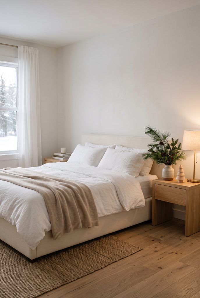 Minimalist Christmas bedroom with neutral bedding, evergreen branches, and a small wooden tree