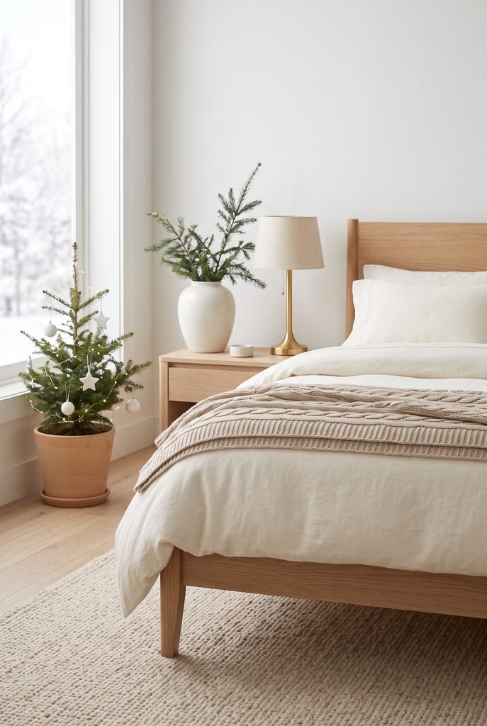 Scandinavian Christmas bedroom with light wood furniture and simple greenery