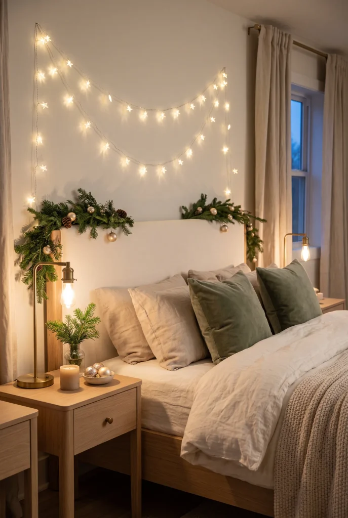 Star-shaped warm white Christmas lights arranged above a cozy bedroom bed