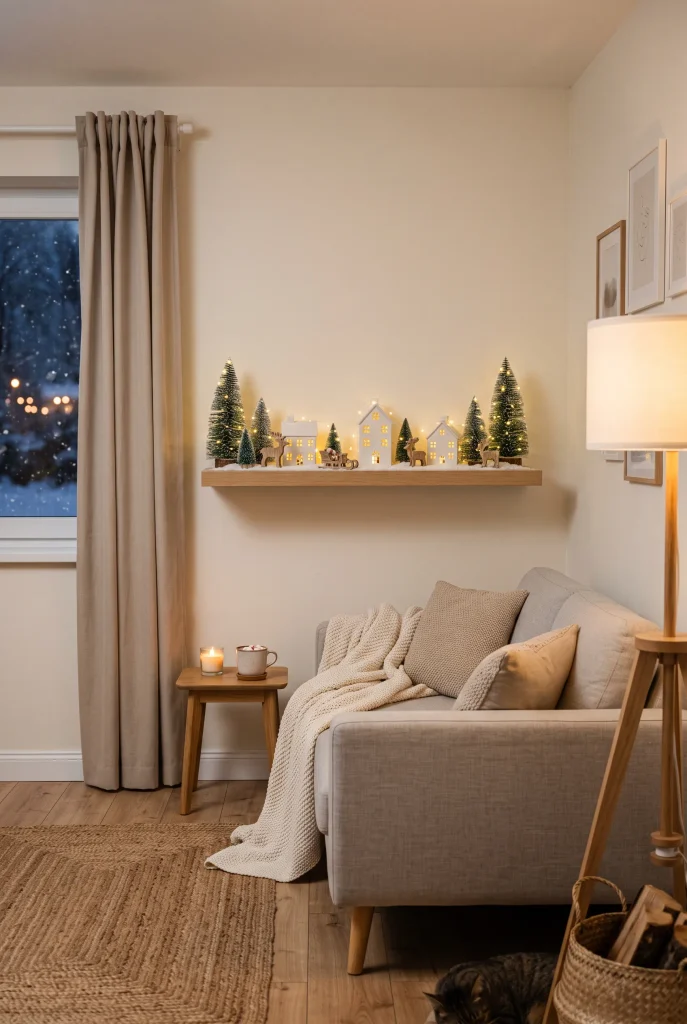 Miniature Christmas village displayed on a narrow shelf