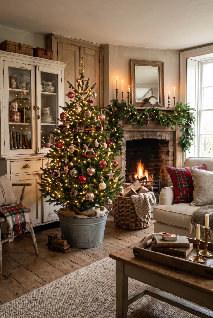 Vintage farmhouse Christmas living room with nostalgic ornaments and rustic furniture