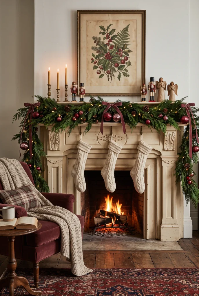 Vintage-inspired Christmas mantel with evergreen garland, brass candleholders, and traditional ornaments