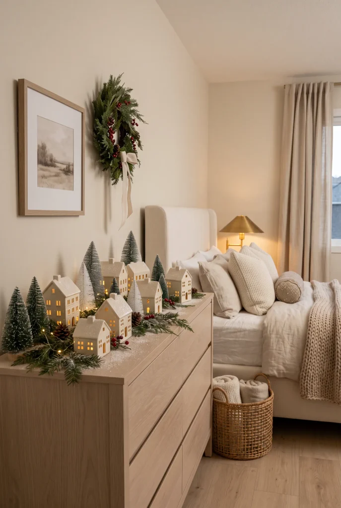 Small neutral Christmas village displayed on a bedroom dresser