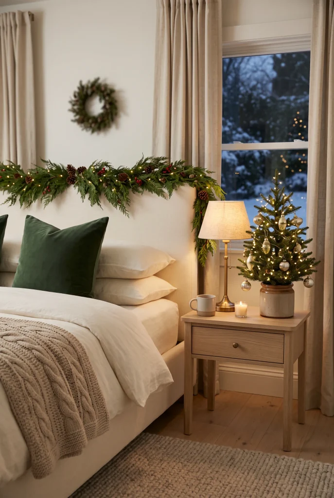 Small tabletop Christmas tree styled on a bedroom nightstand