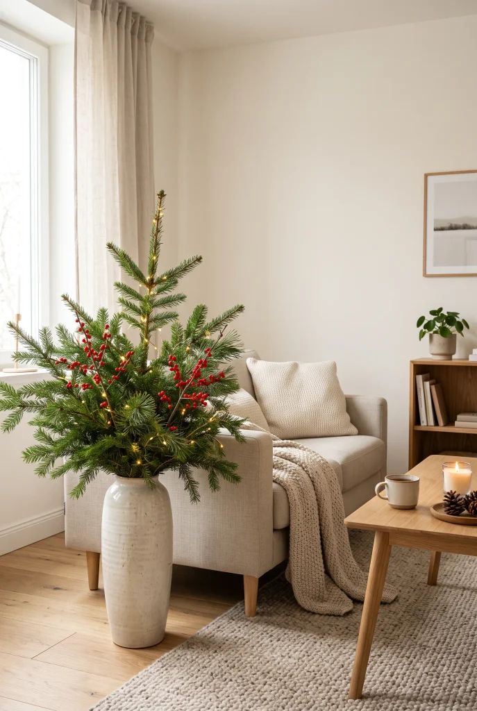 Tall ceramic vase filled with evergreen Christmas branches beside a sofa