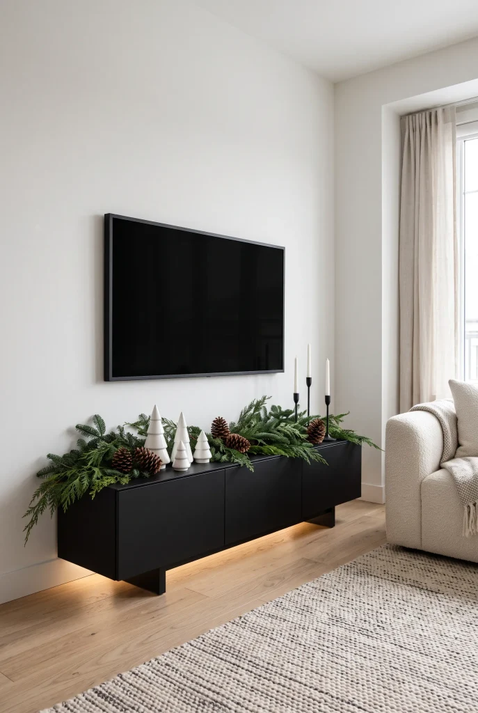 Modern black, white, and green Christmas TV wall with minimalist seasonal decorations