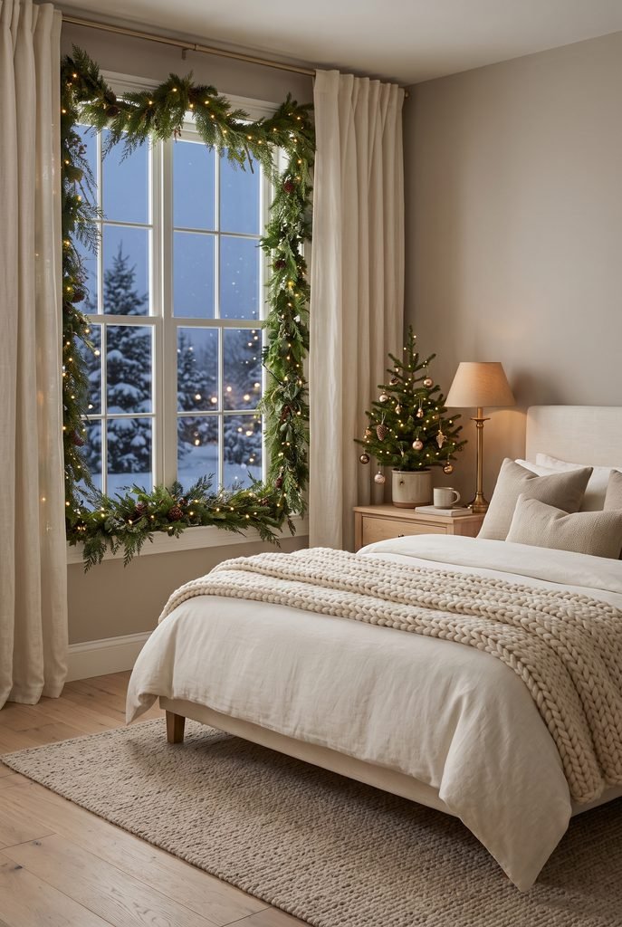 Christmas bedroom window framed with evergreen garland and warm white lights