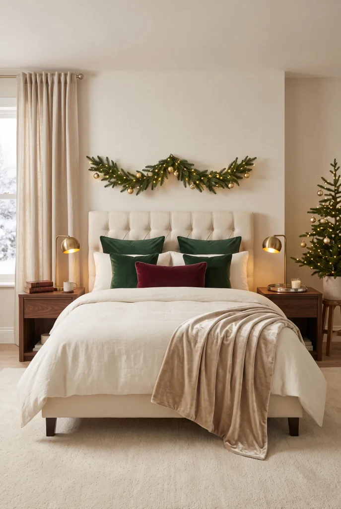 Elegant Christmas bedroom with forest green and burgundy velvet pillows