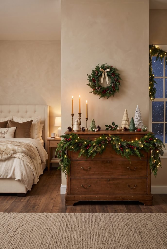 Bedroom dresser styled with Christmas garland, wreath, and seasonal decor