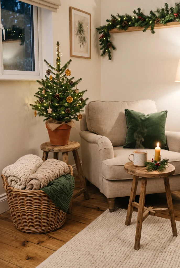 Cozy Christmas corner with woven blanket basket and miniature tree