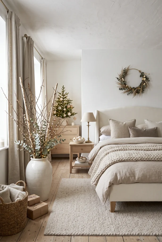 Neutral Christmas bedroom decorated with dried winter branches
