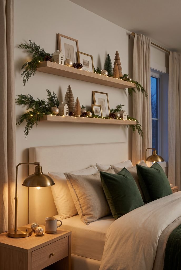 Floating bedroom shelves decorated with Christmas fairy lights