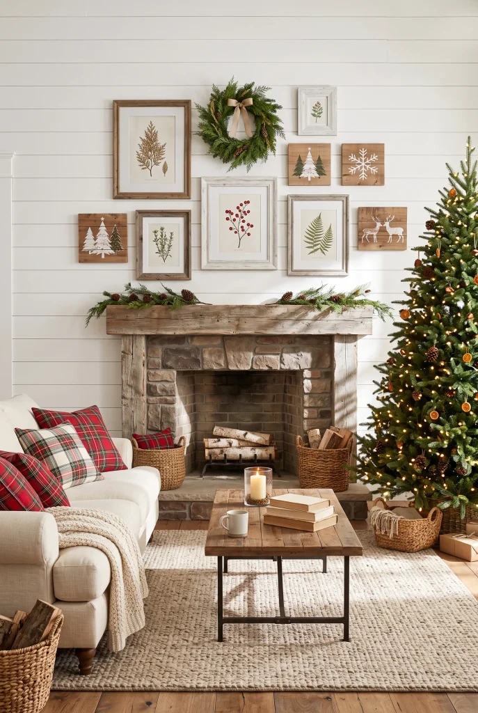 Farmhouse Christmas gallery wall decorated with greenery and wooden seasonal accents