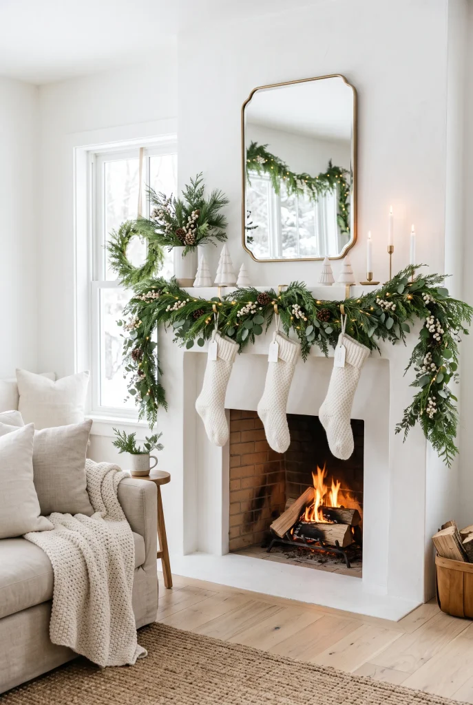 Green and white Christmas mantel with evergreen garland, white stockings, candles, and ceramic ornaments
