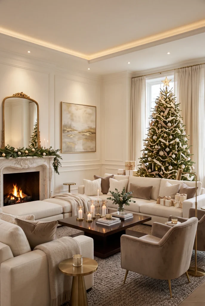 Hotel-inspired luxury Christmas living room with cream furniture and decorated tree