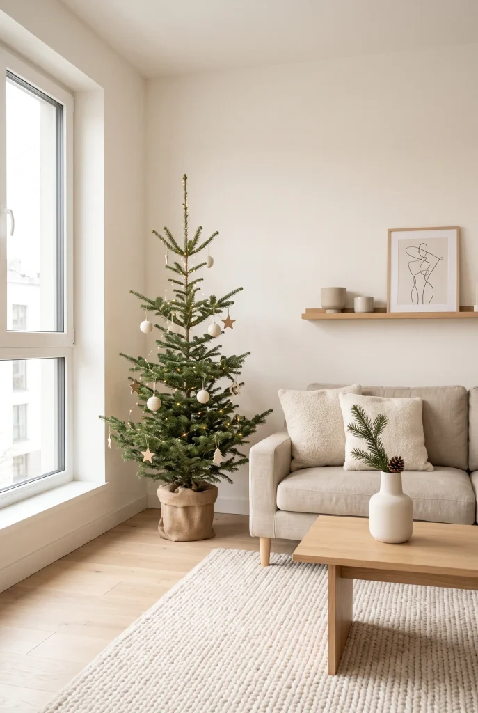 Minimalist neutral Christmas tree with ivory ornaments and warm white lights