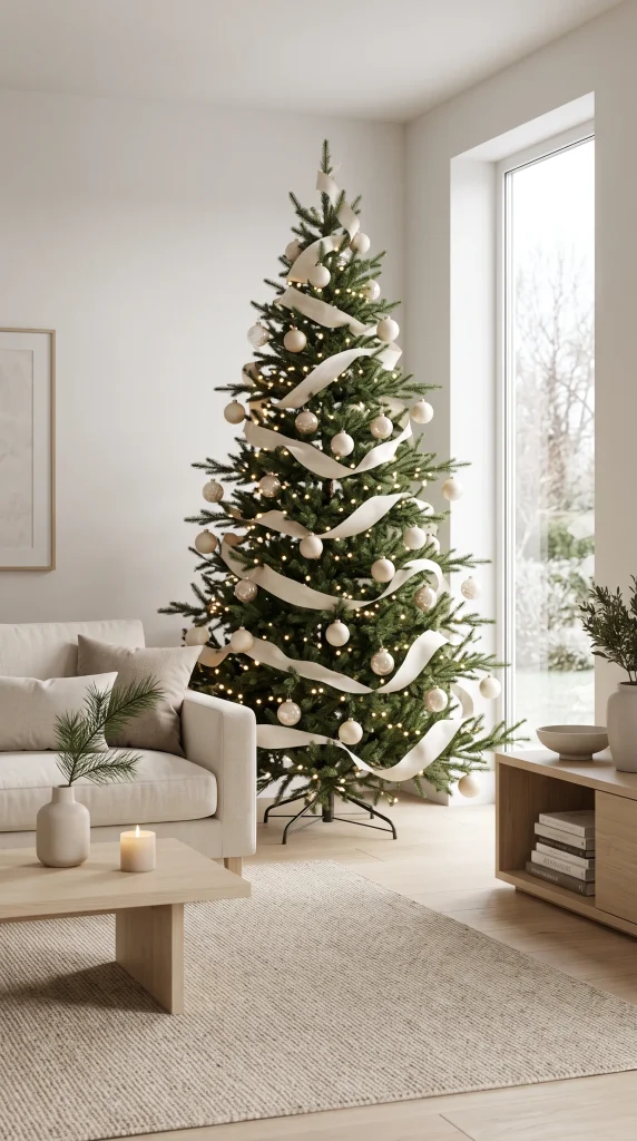 Modern Christmas tree decorated with soft ivory linen ribbon and warm lights