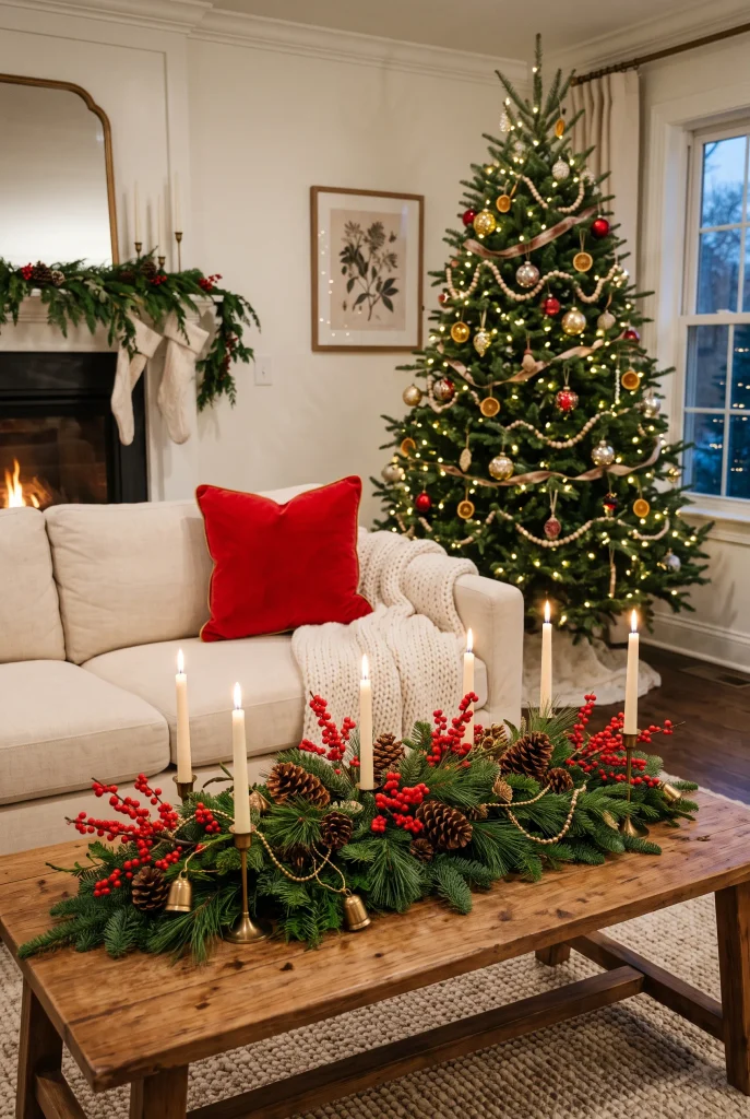 Christmas coffee table centerpiece with red berries and evergreen branches