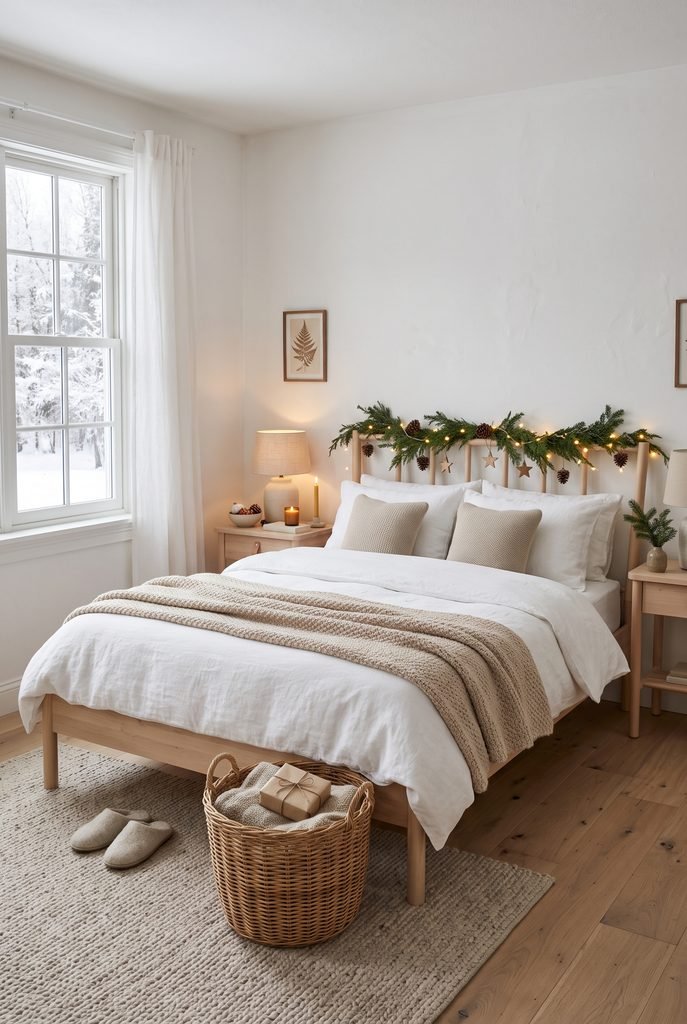 Scandinavian Christmas bedroom with pale wood furniture, white bedding, greenery, and simple ornaments