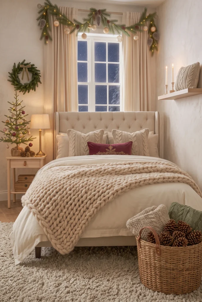 Small Christmas bedroom with a tabletop tree, wreath, and simple festive decorations