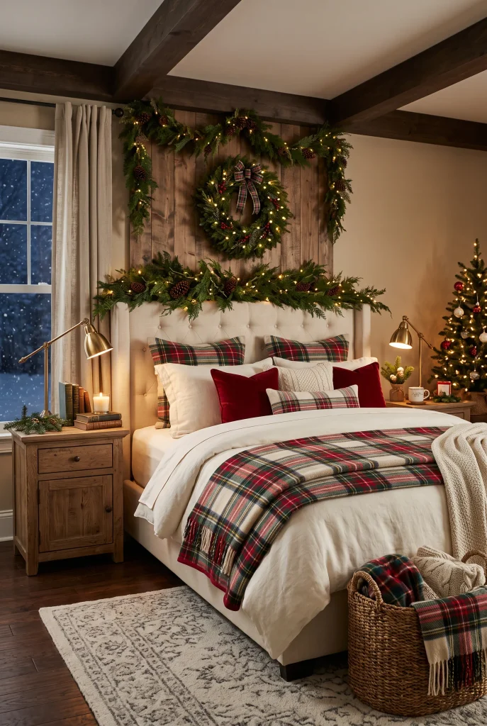 Traditional Christmas bed with layered quilts and red and green accents