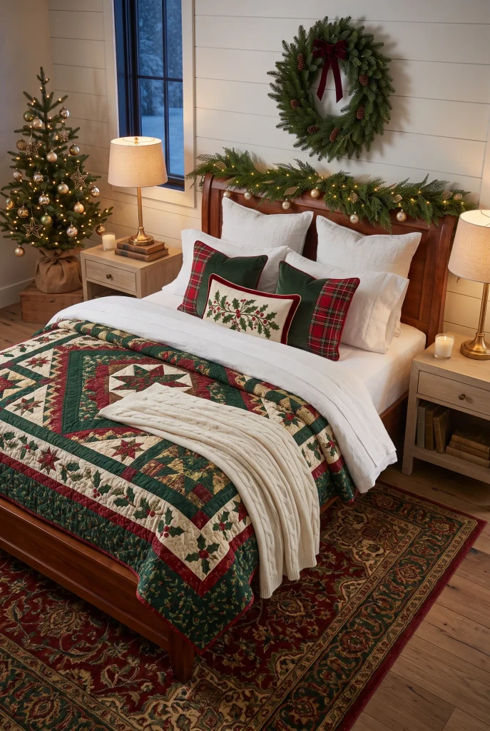 Traditional Christmas bedroom with a red and green holiday quilt and evergreen wreath