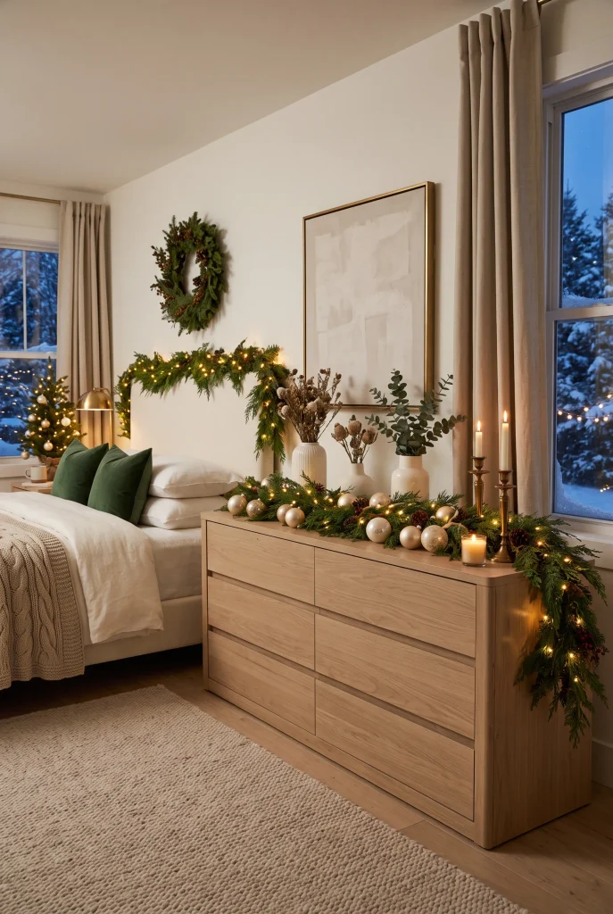 Bedroom dresser decorated with evergreen Christmas garland and warm lights