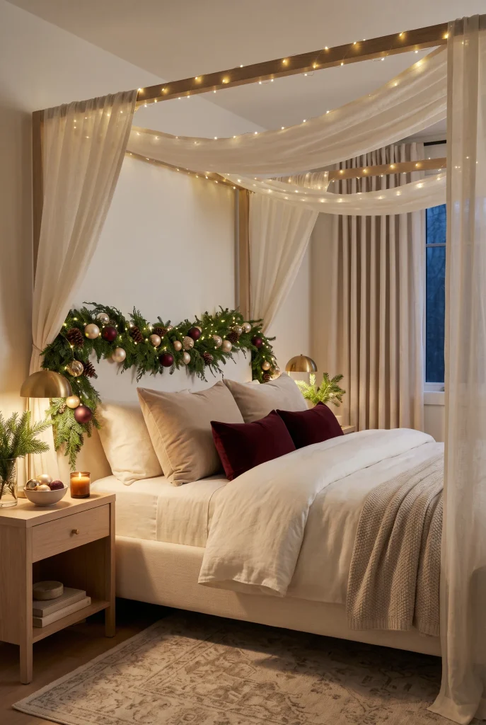 Warm white lights woven around a fabric bed canopy in a Christmas bedroom