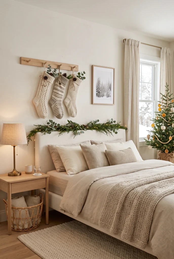 Cream Christmas stockings displayed beside a neutral bedroom