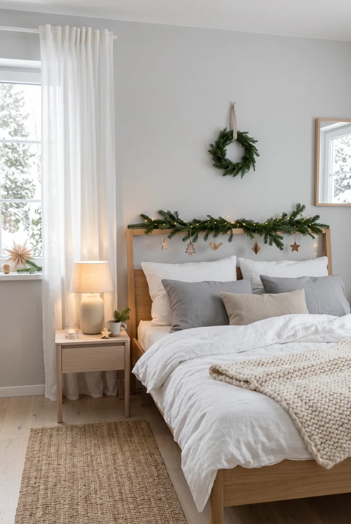 Christmas bed beside a small decorated tree with evergreen garland