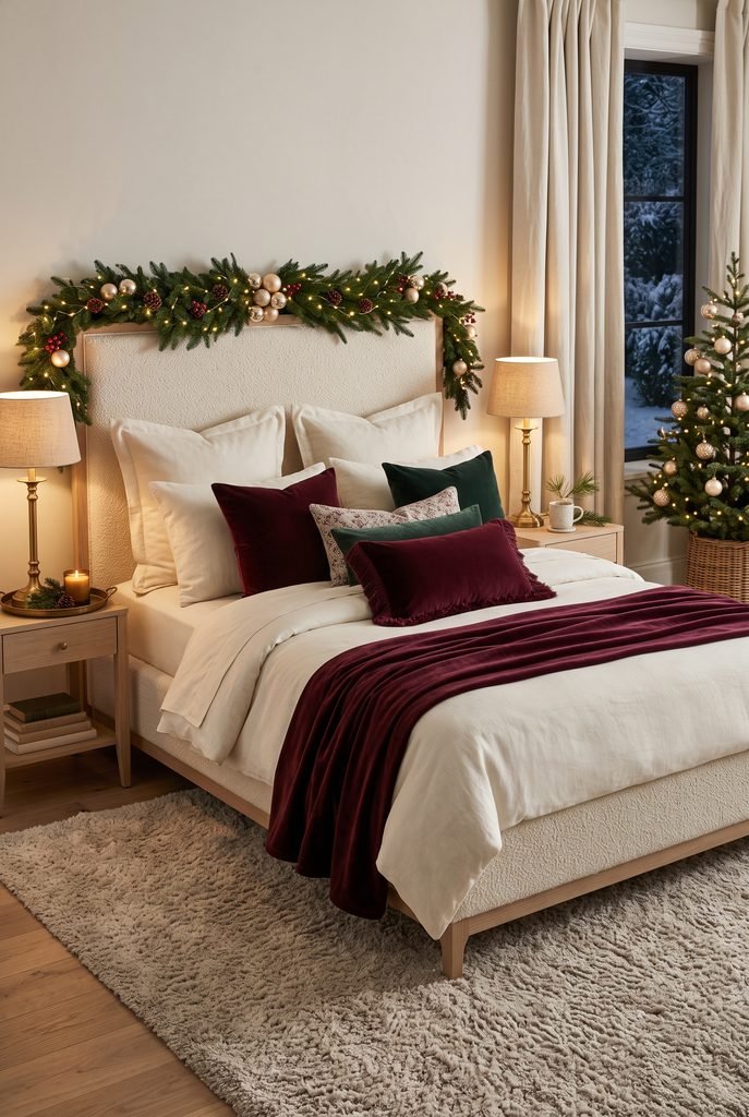Christmas bedroom featuring burgundy and forest green velvet textures