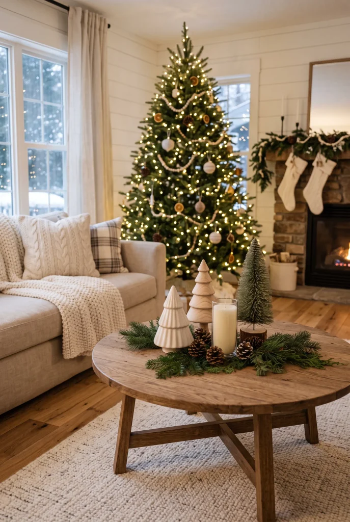 Coffee table decorated with miniature Christmas trees and greenery