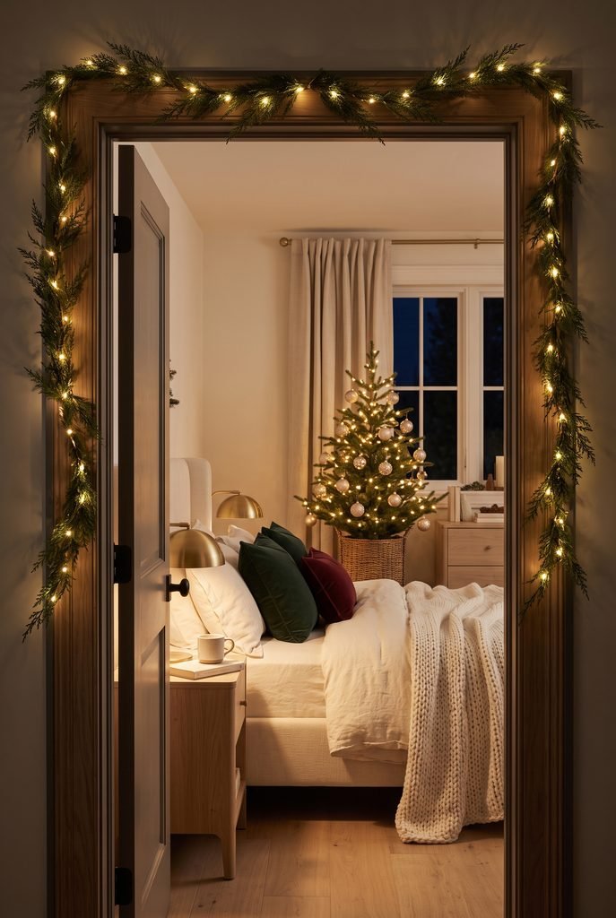 Christmas lights and evergreen garland framing a bedroom doorway