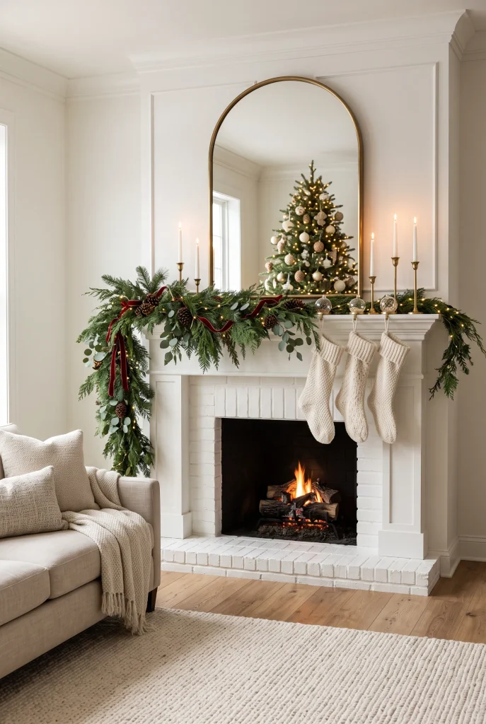 Christmas mantel with large mirror, evergreen garland, cream stockings, brass accents, and warm lights