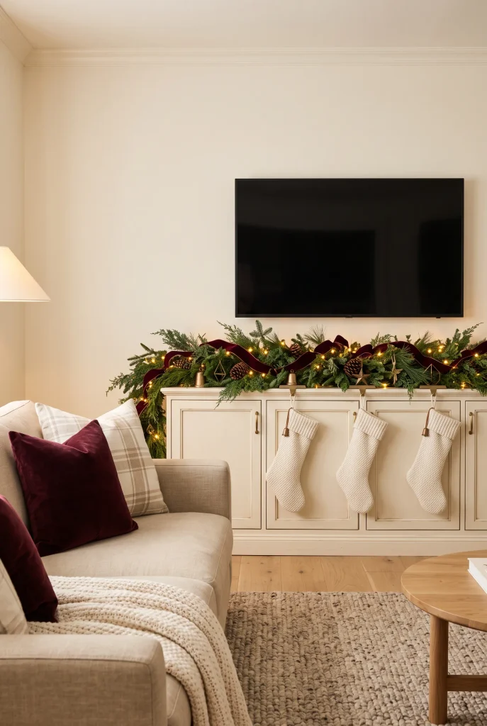 Christmas TV wall with evergreen garland and rich velvet ribbon accents