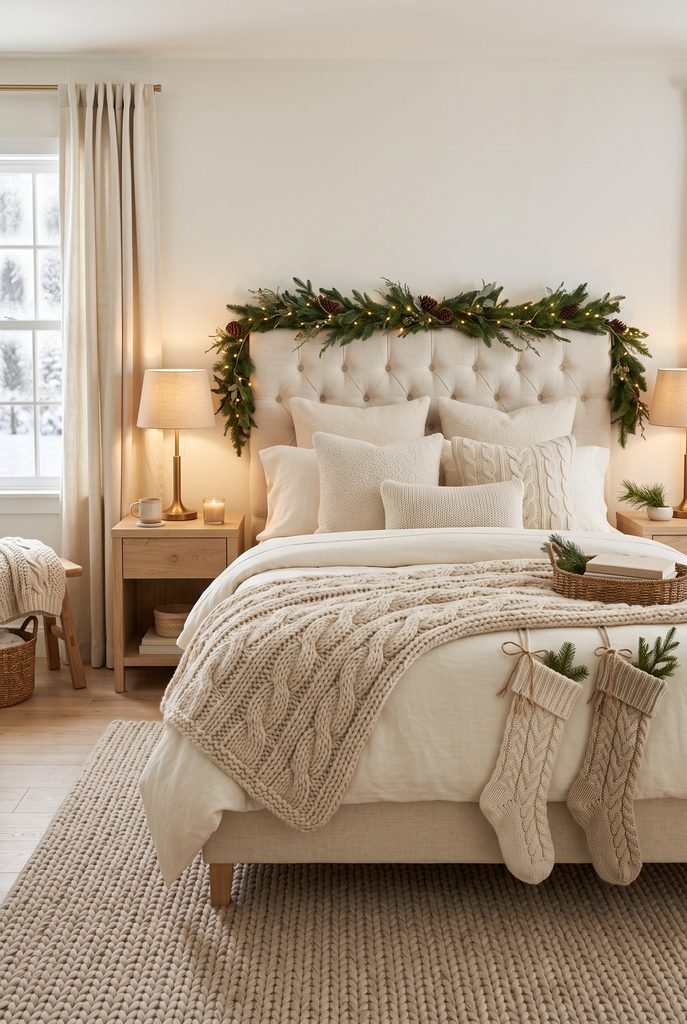 Cozy Christmas bedroom layered with chunky knitted blankets, pillows, and winter textures