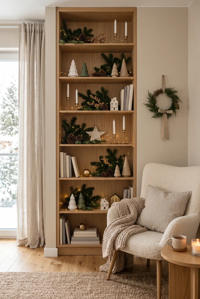 Small living room bookshelf decorated with greenery and Christmas accents