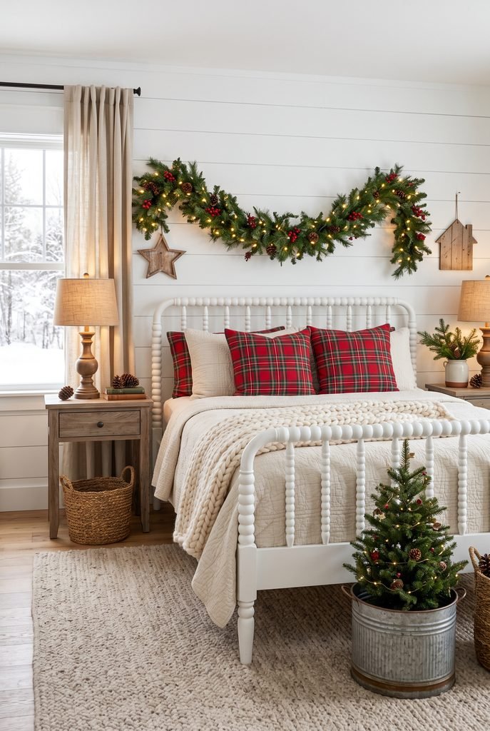 Farmhouse Christmas bedroom with white bed, red plaid pillows, evergreen garland, and woven accents