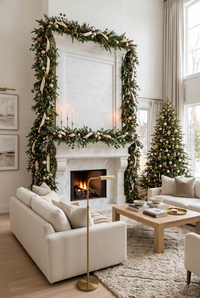Luxury Christmas living room with dramatic evergreen garland around a fireplace