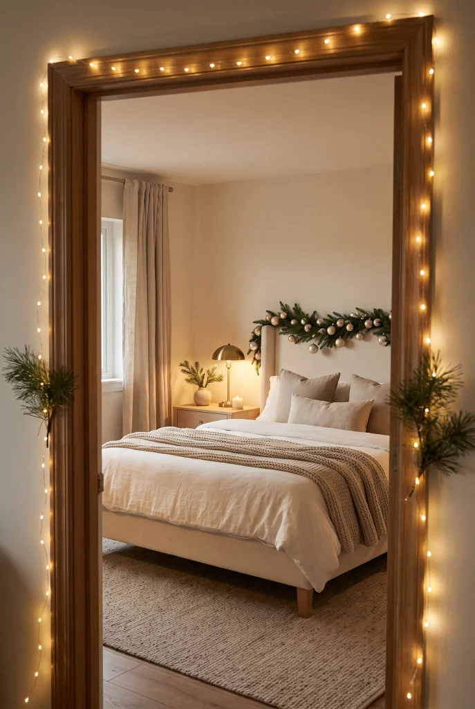Brass bedroom sconces decorated with evergreen branches and tiny Christmas lights