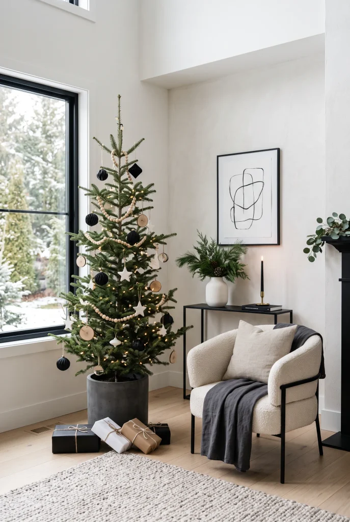 Modern black and white Christmas tree in a contemporary living room corner