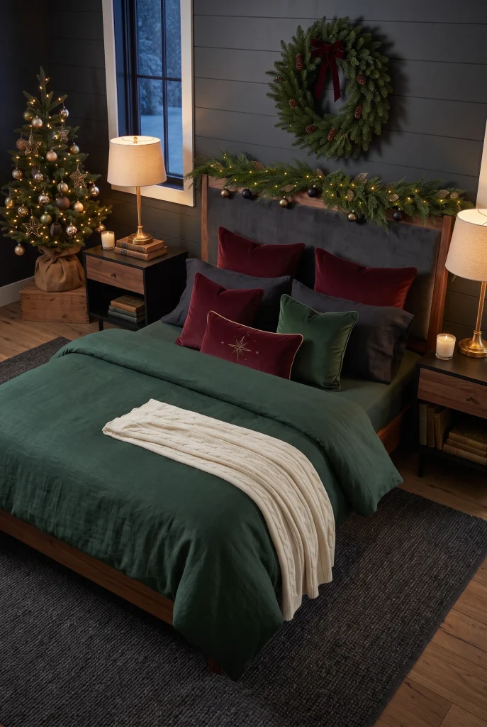 Moody Christmas bedroom with forest green, burgundy, charcoal, and warm holiday lighting