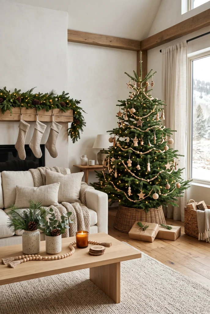 Natural wood and evergreen Christmas decor in a modern neutral living room