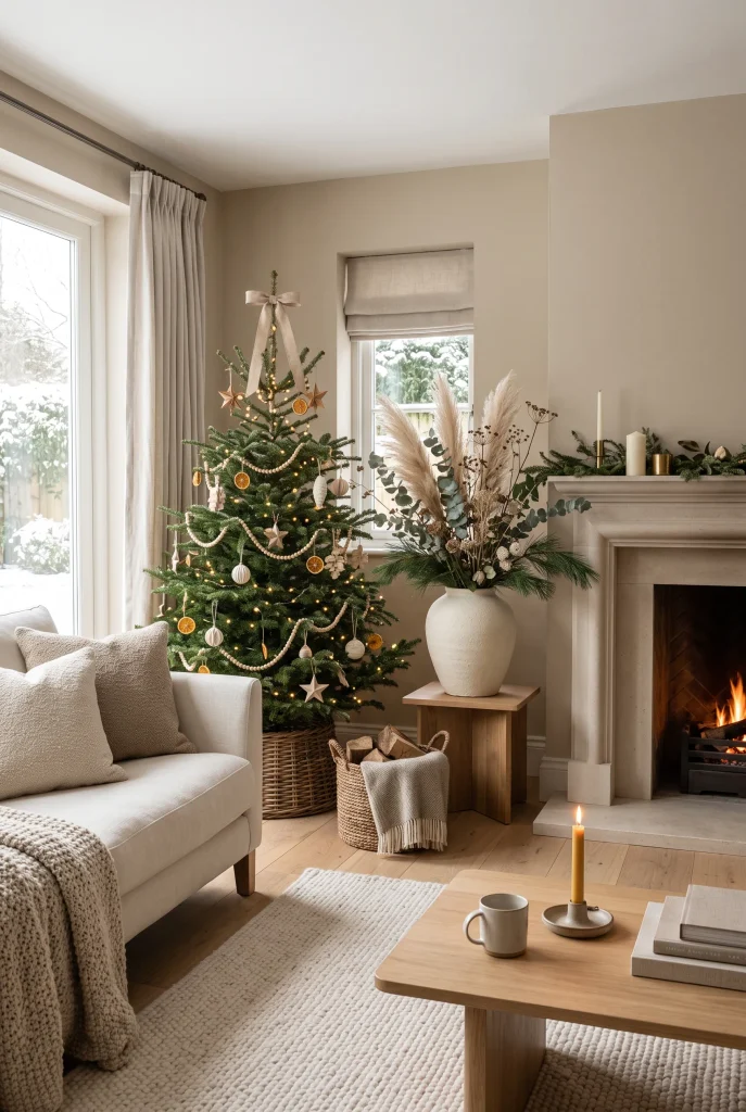 Neutral Christmas living room with dried florals, evergreen branches, and cream decor