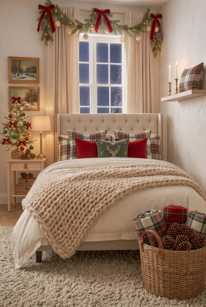 Traditional Christmas bedroom with red plaid bedding, evergreen garland, and warm lights
