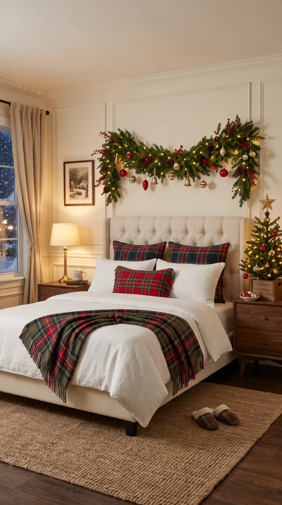 Traditional Christmas bedroom with red and green plaid bedding and evergreen decor