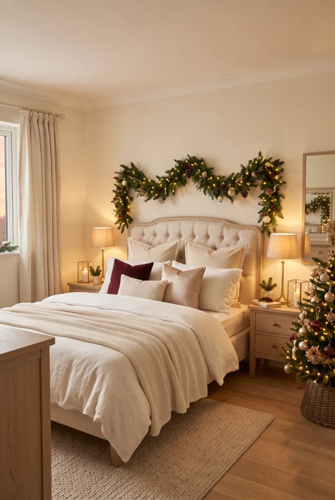 Romantic Christmas bedroom glowing with warm lights, greenery, and festive accents