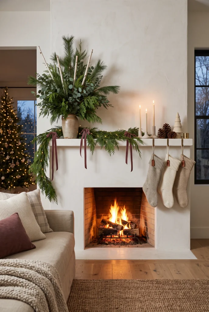 Asymmetrical Christmas mantel with tall greenery on one side and candles and ornaments on the other