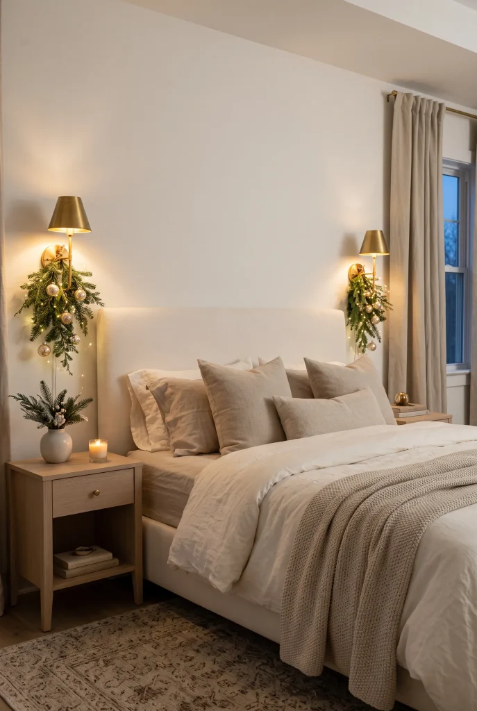 Brass bedroom sconces decorated with evergreen branches and tiny Christmas lights