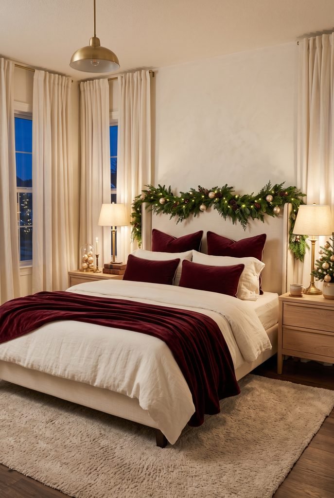 Sophisticated Christmas bedroom with burgundy velvet pillows, cream bedding, and evergreen greenery